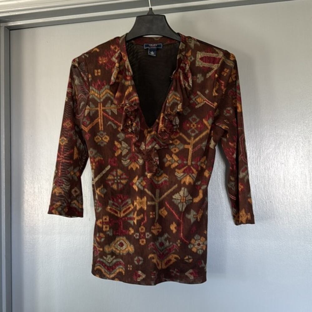 Chaps Women's Pullover Top Brown Aztec V-Neck Ruffles 3/4 Sleeves Mesh sz L